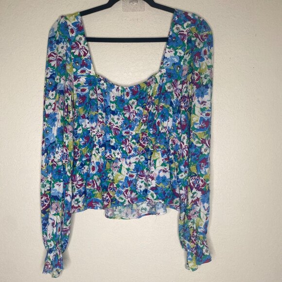 So Good For Life Top XL Blue‎ Floral Long Sleeve Square Neck Peplum Babydoll NEW - Picture 9 of 13